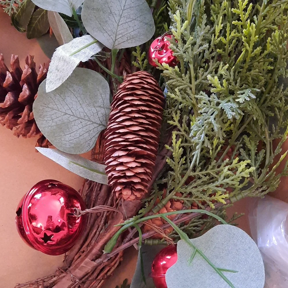 NWT.  QVC Faux Cedar Wreath with Bells & Pinecones 28 inches